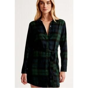 ABERCROMBIE & FITCH NWT Blue Green Plaid Long Sleeve Shirt Dress X-Small $70